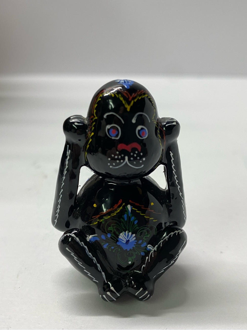 2004 Maneki Neko "Monkey" by Nanci, Black Painted floral